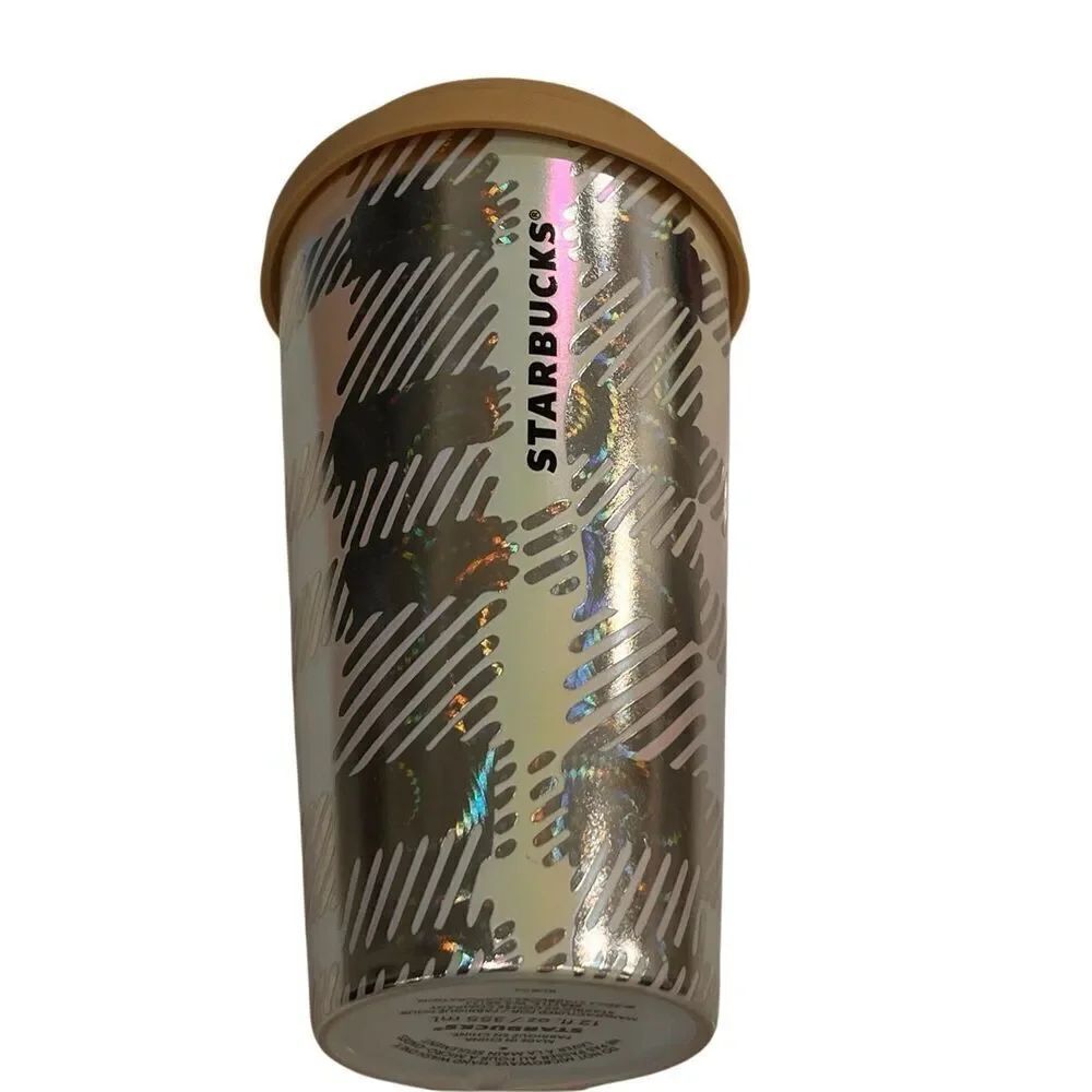 Starbucks Iridescent Plaid 2024 Holiday Luster Ceramic Travel Cup Silver 12oz